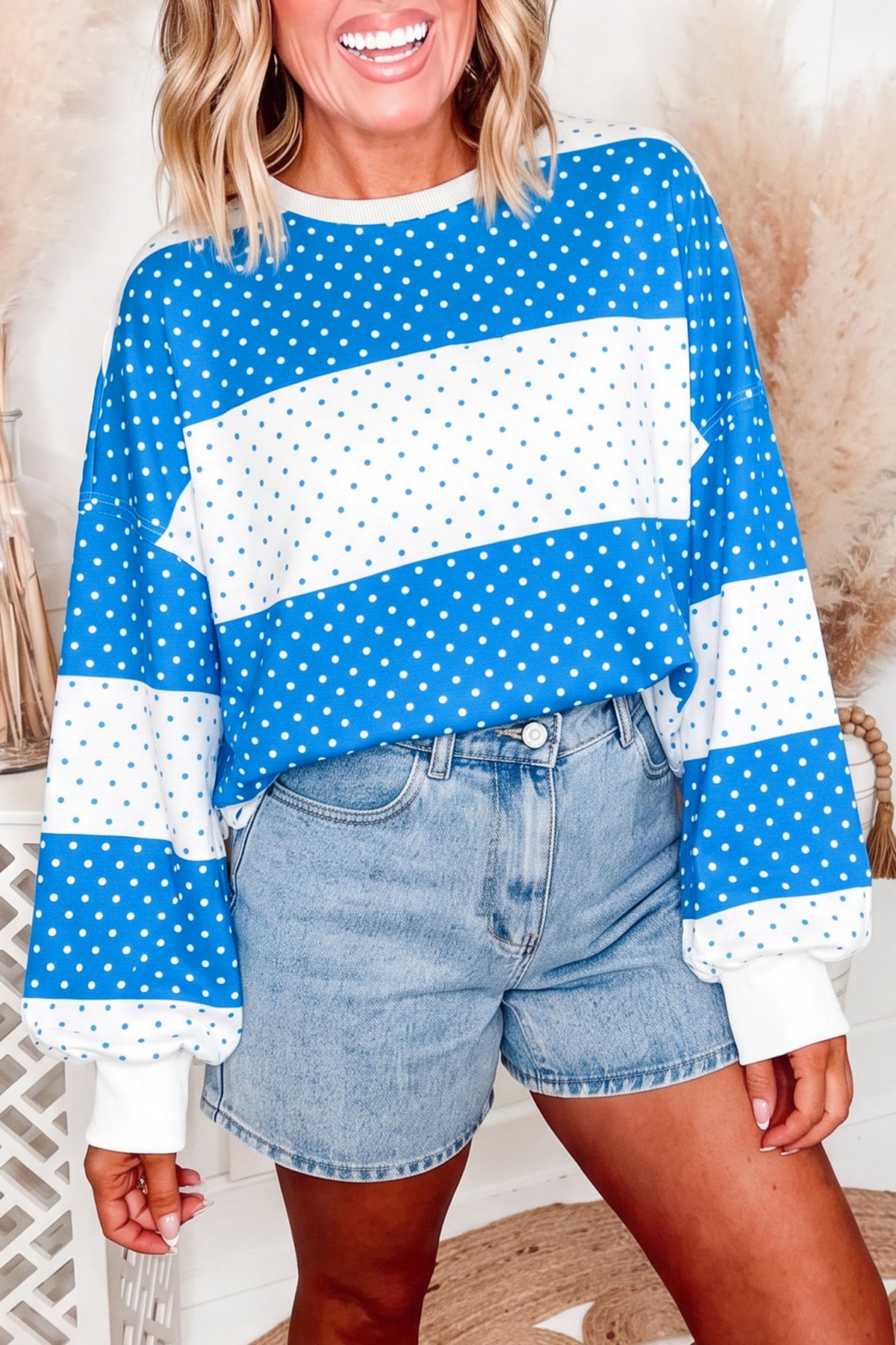Polka Dot Patchwork Colorblock Long Sleeve Top
