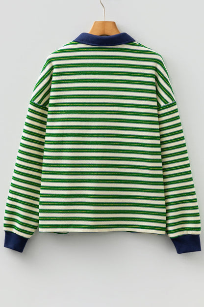 Stripe Contrast Zip Collared V-Neck Long Sleeve Top