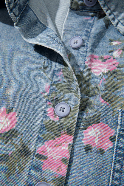 Floral Denim Bracelet-Sleeve Shirt