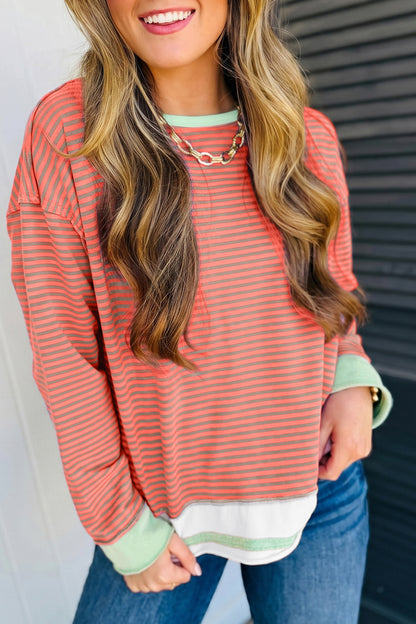 Orange Stripe Colorblock Detail Raw Seam Long Sleeve Top