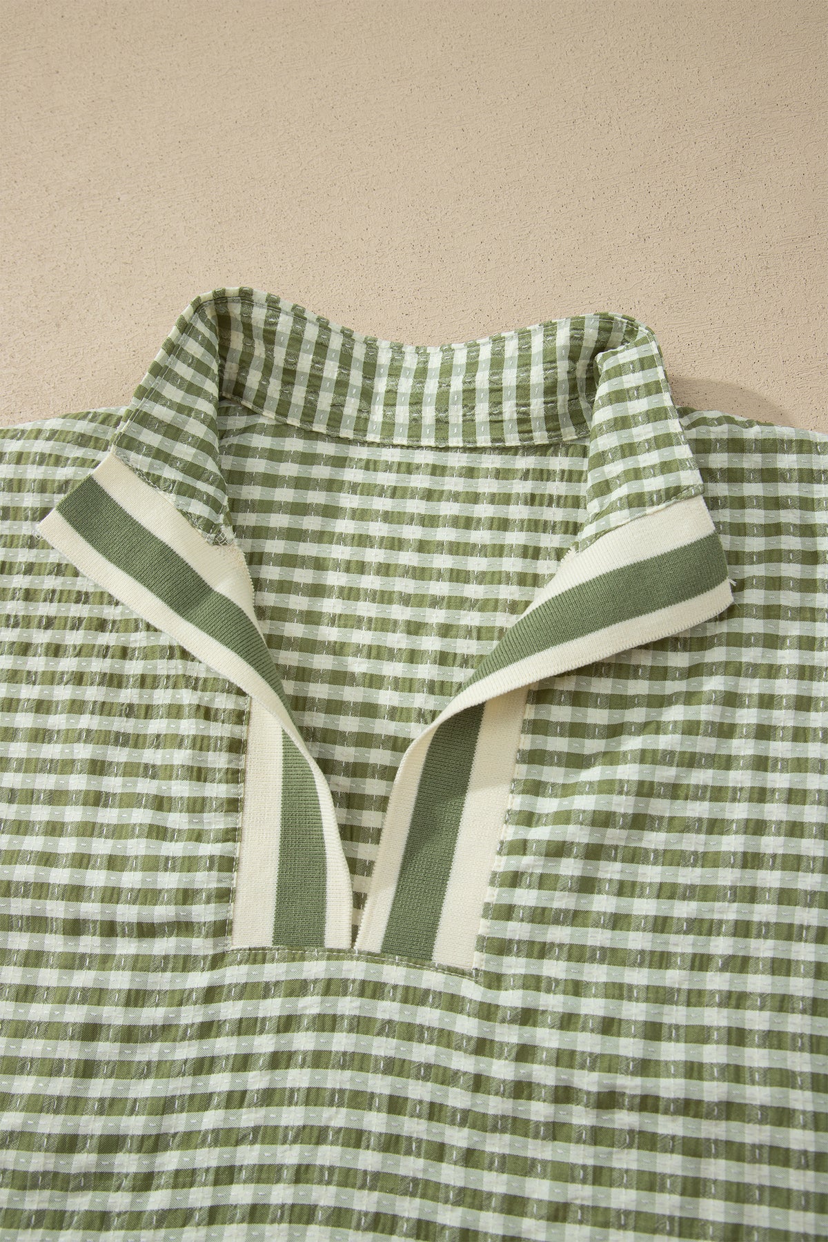 Plaid Colorblock Split-Neck Blouse