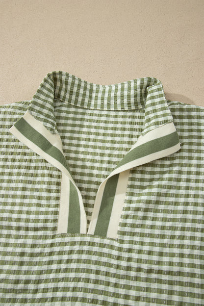 Plaid Colorblock Split-Neck Blouse