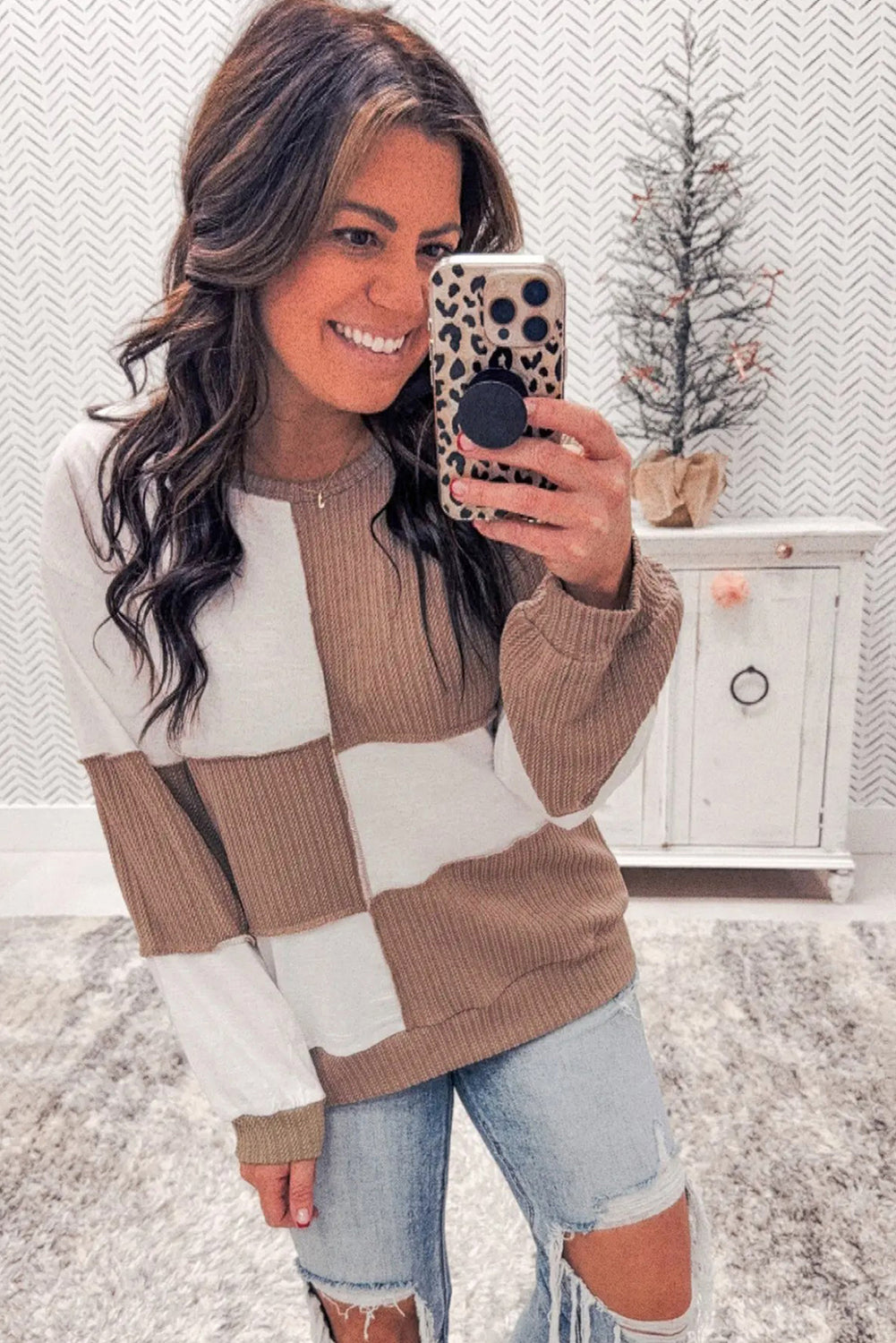 Khaki Check Colorblock Knit Top