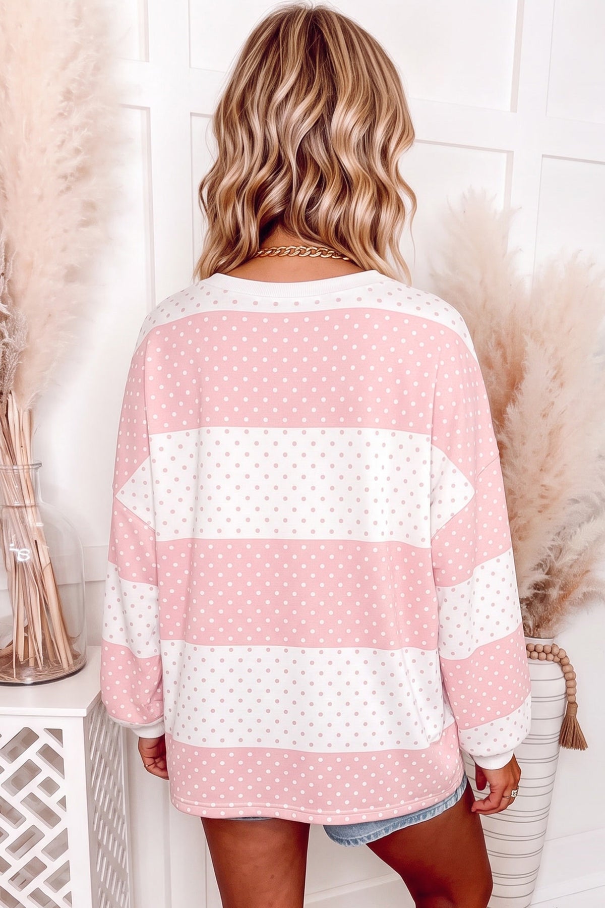 Polka Dot Patchwork Colorblock Long Sleeve Top