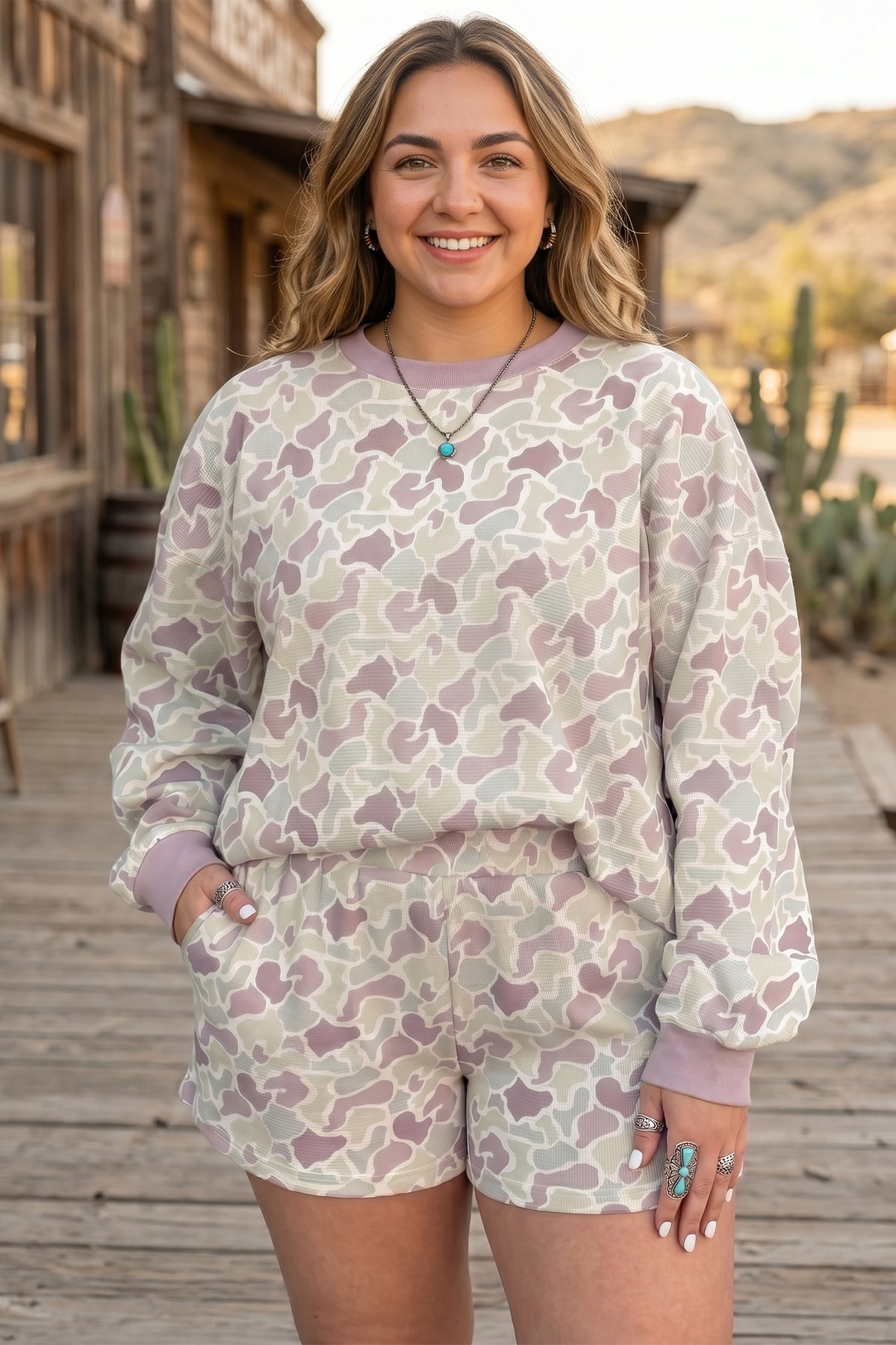 Plus Size Camo Waffle Shorts Set