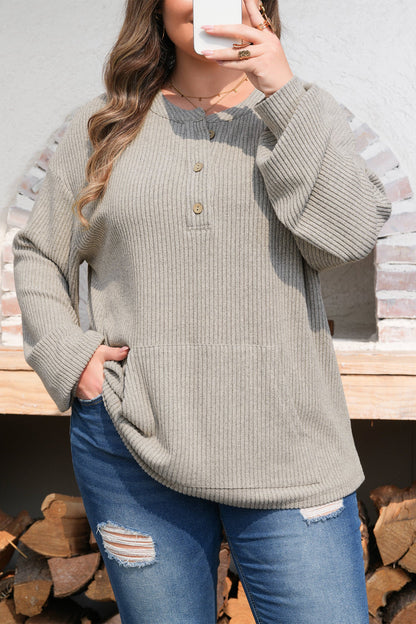Plus Size Ribbed Knit Kangaroo Pocket Henley Top