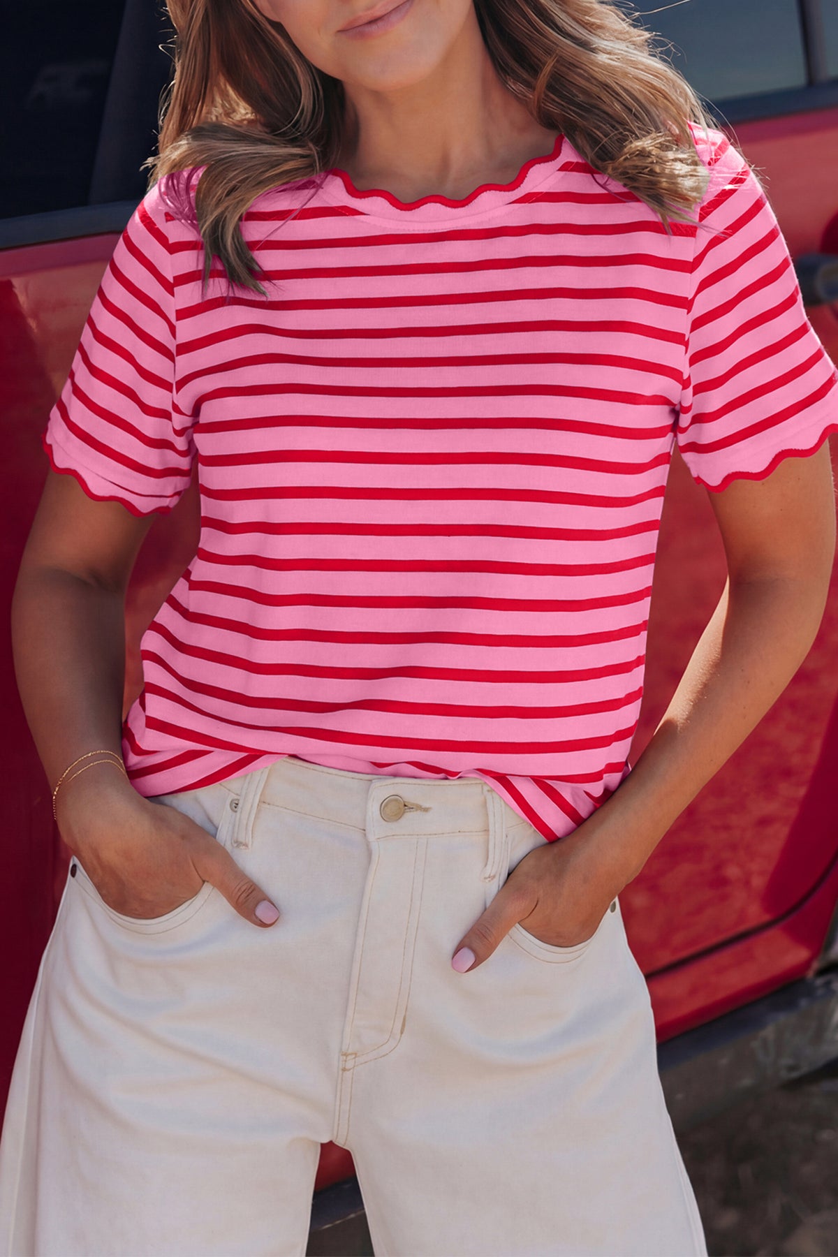 Scalloped Trim Round Neck T Shirt