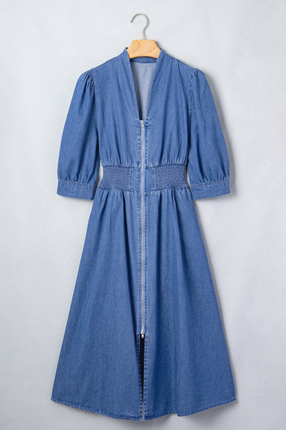 Riverbend Denim Puff Sleeve Midi Dress