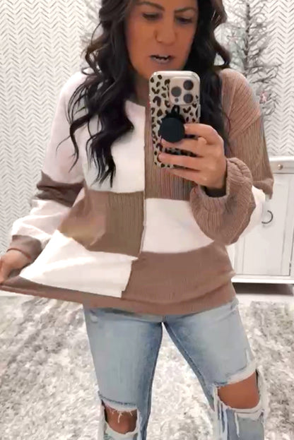 Khaki Check Colorblock Knit Top