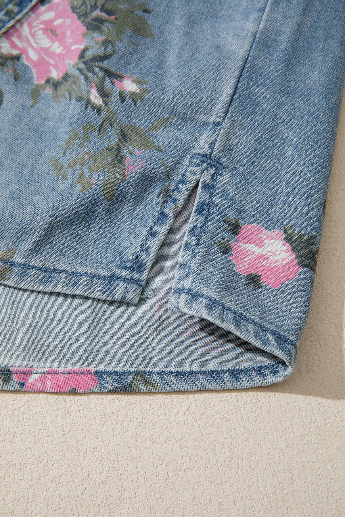 Floral Denim Bracelet-Sleeve Shirt