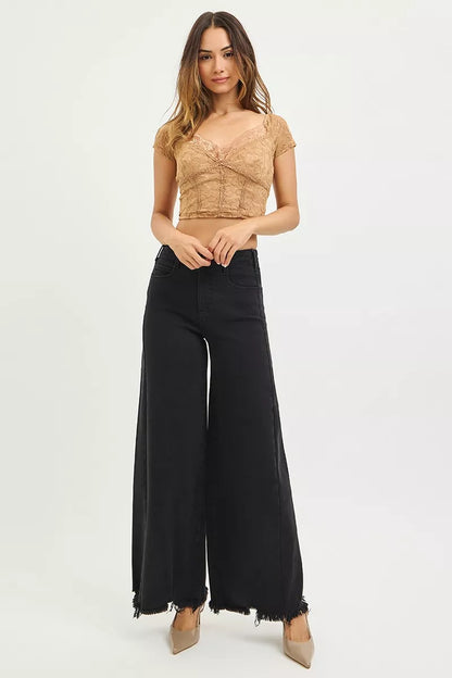 RISEN Tummy Control Frayed Hem Palazzo Jeans