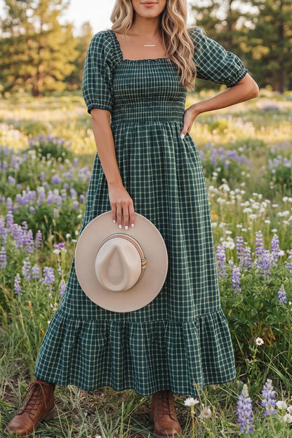 Porch Plaid Square Neck Dress