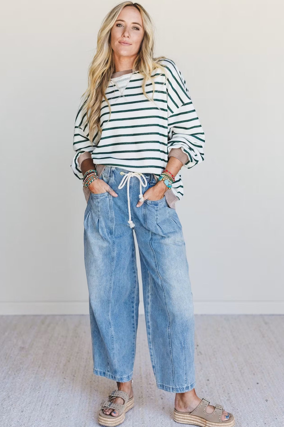 White Stripe Ribbed Drop-Shoulder Sweatshirt