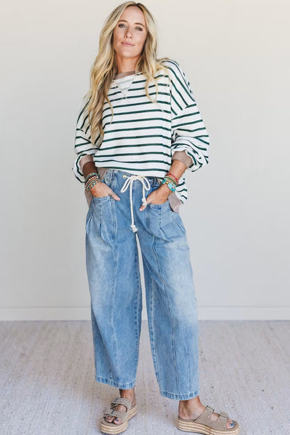 White Stripe Ribbed Drop-Shoulder Sweatshirt