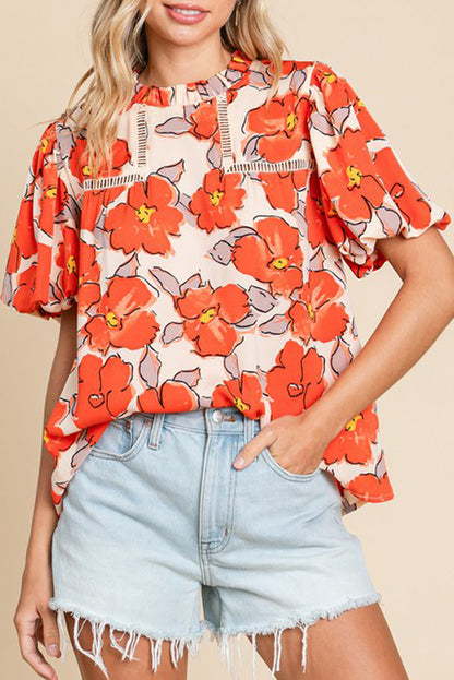 Floral Bubble-Sleeve Blouse
