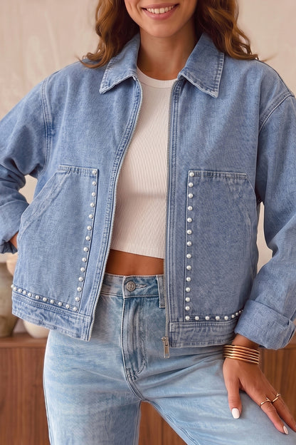 Beau Blue Studded Zip-Up Denim Jacket