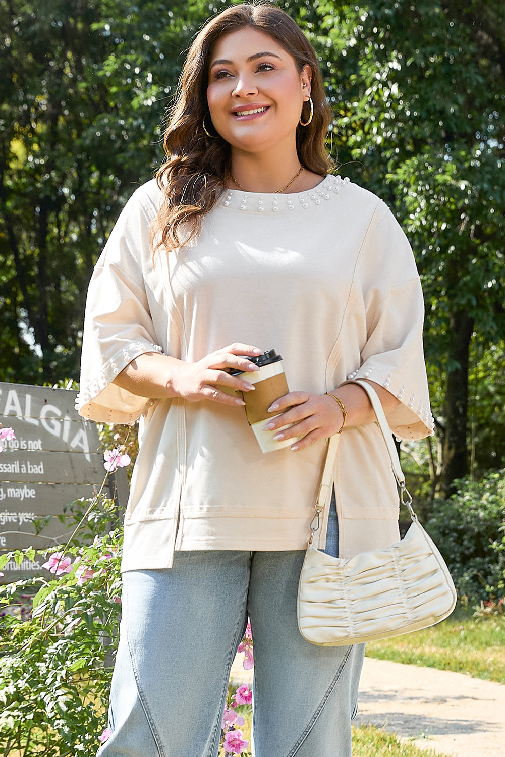 Beige Pearl Detail Tee