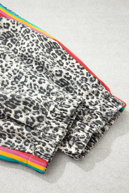 Brown Leopard Print Rainbow Striped Detail Buttoned Loose Jogger Jeans