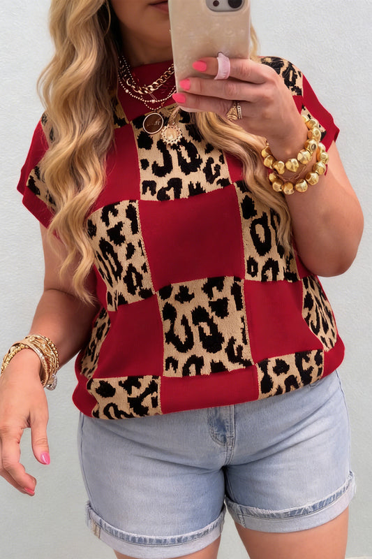 Leopard Checkered Short Sleeve Sweater