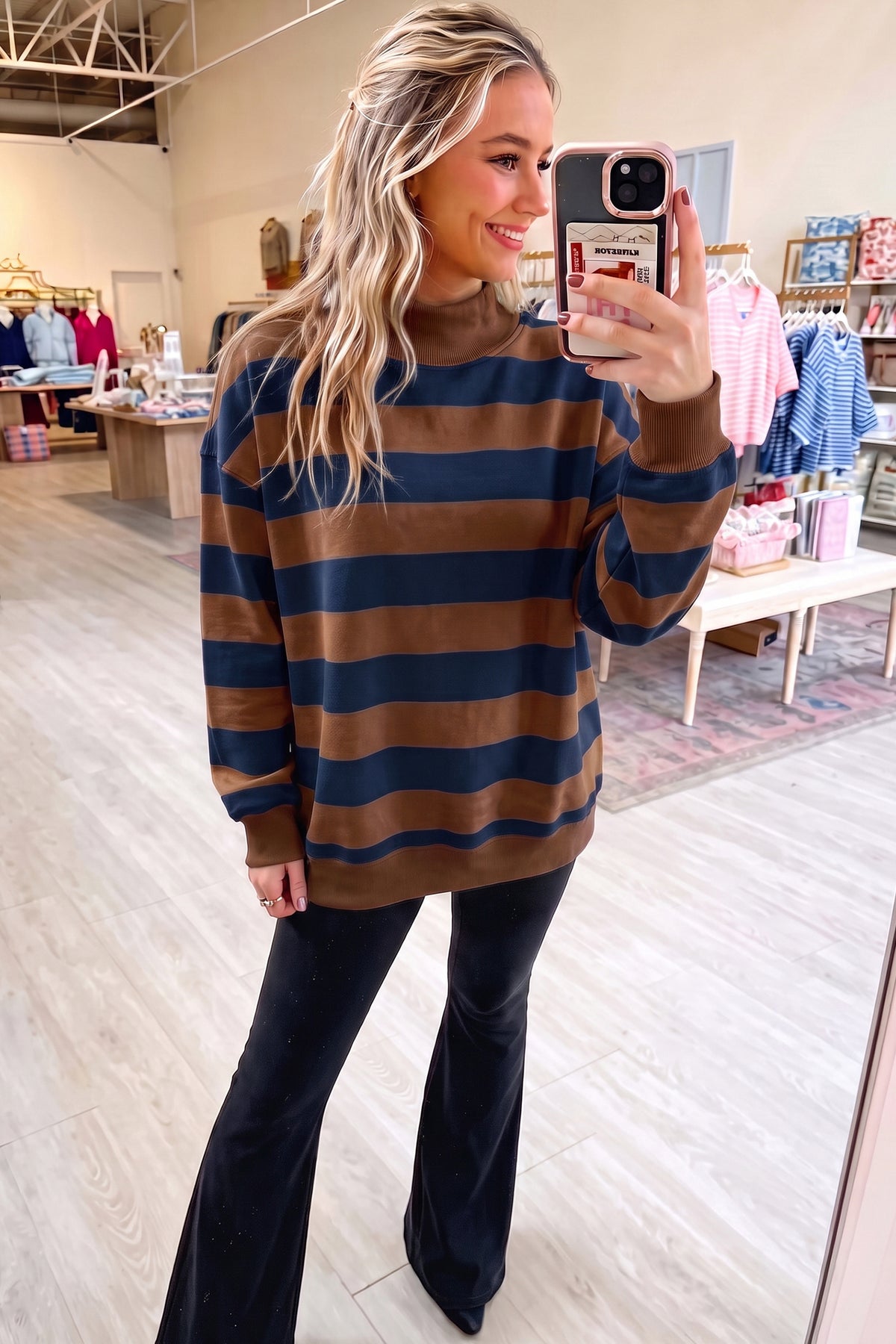 Rose Stripe Colorblock Mock Neck Relaxed Sweatshirt