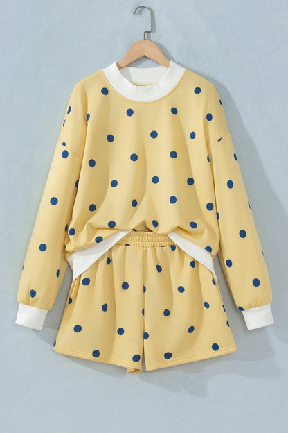 Polka Dot Ribbed Trim Long Sleeve Top & Shorts Set