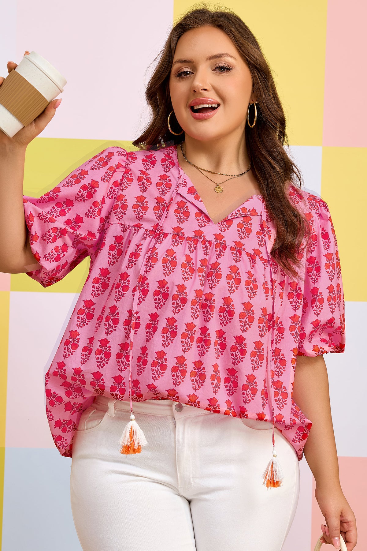 Pink Floral Tassel-Tie Blouse