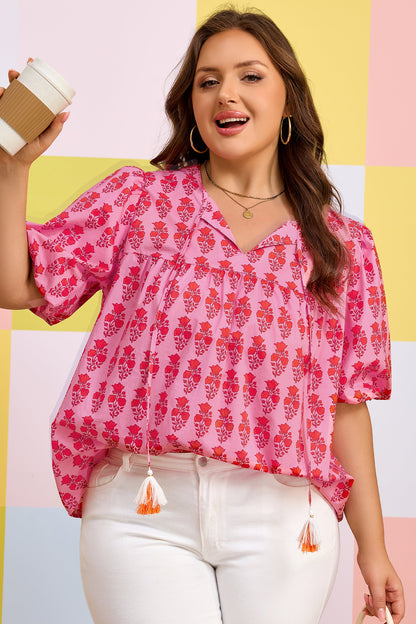 Pink Floral Tassel-Tie Blouse