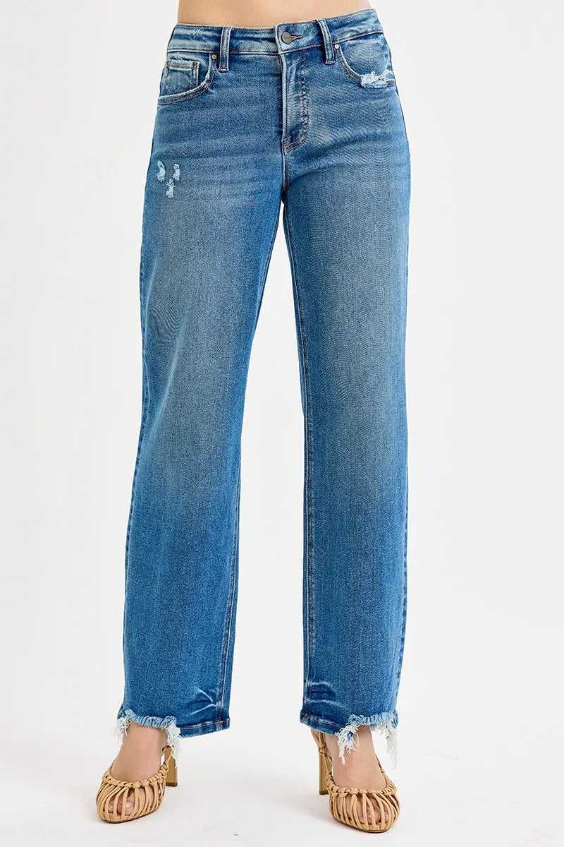 RISEN Mid Rise Raw Hem Baggy Jeans