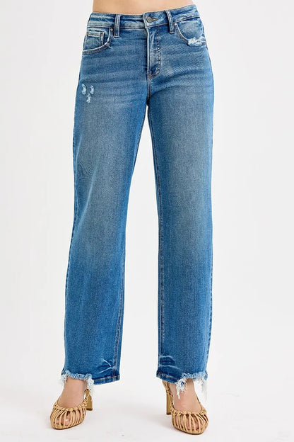 RISEN Mid Rise Raw Hem Baggy Jeans