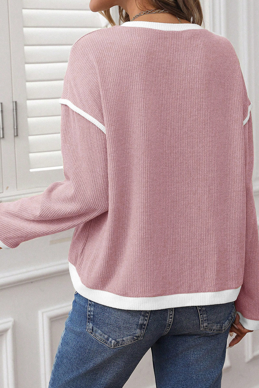 Pink Contrast-Trim Knit Top