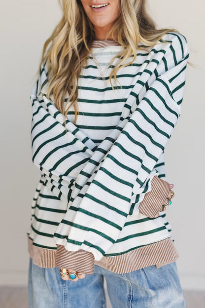 White Stripe Ribbed Drop-Shoulder Sweatshirt