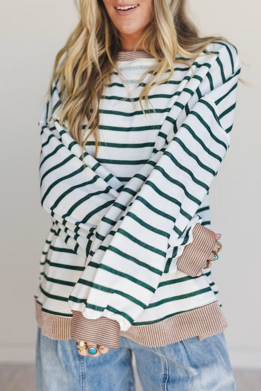White Stripe Ribbed Drop-Shoulder Sweatshirt