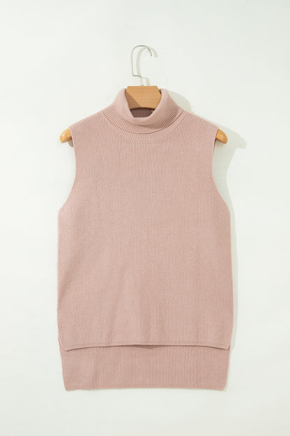Solid Turtleneck Split Hem Sleeveless Knit Top