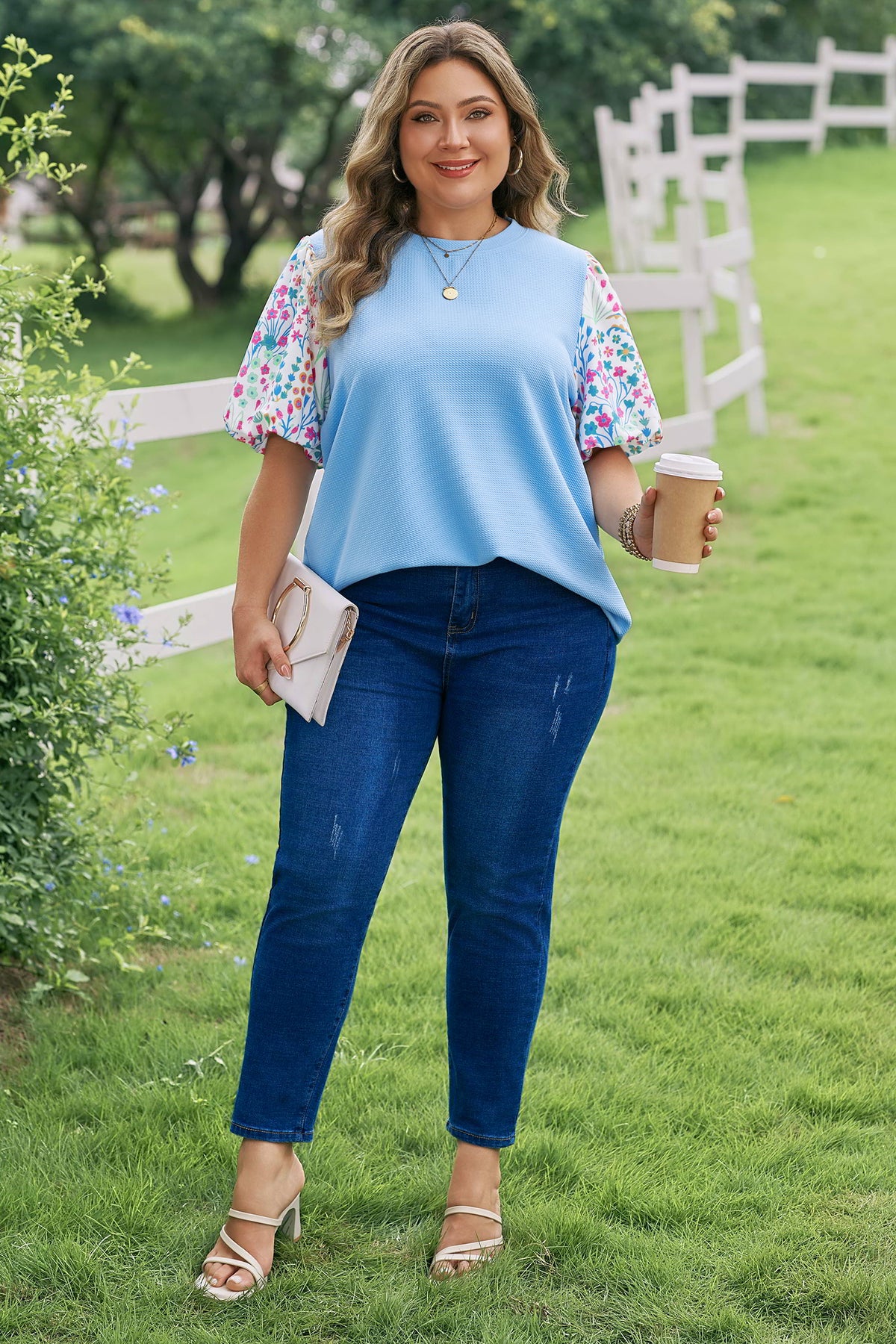 Floral-Sleeve Textured Top