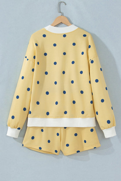 Polka Dot Ribbed Trim Long Sleeve Top & Shorts Set