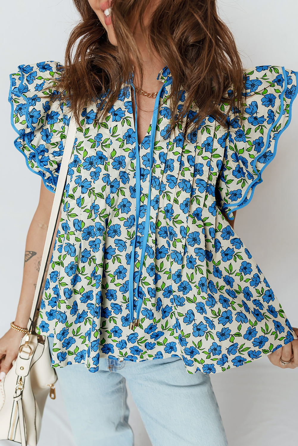 Tiered Floral Flutter-Sleeve Blouse