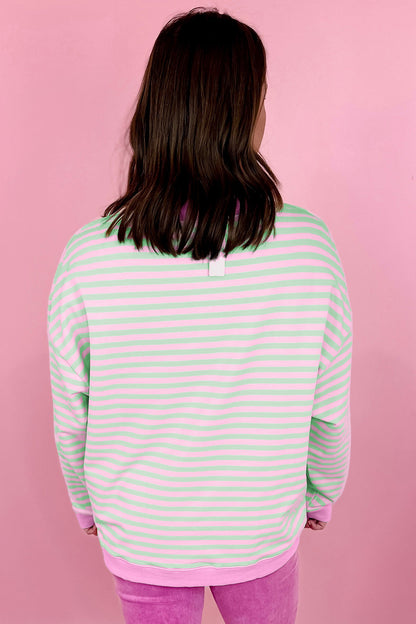 Green Stripe Striped Stand Neck Long Sleeve Sweatshirt