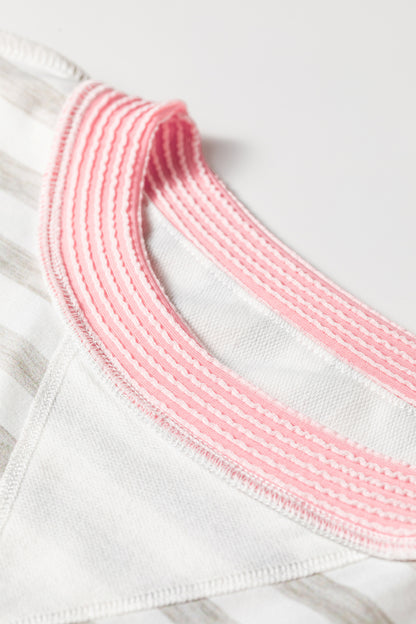 Pink Stripe Rib-Trim Long Sleeve Top