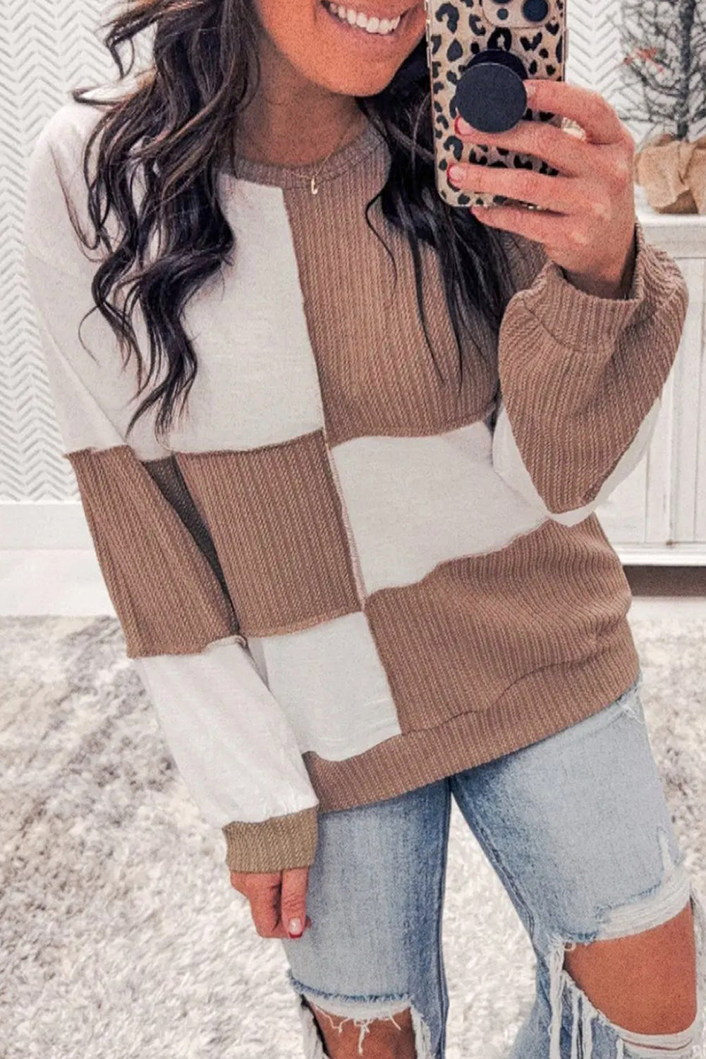 Khaki Check Colorblock Knit Top