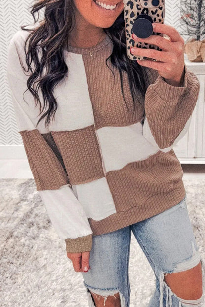 Khaki Check Colorblock Knit Top