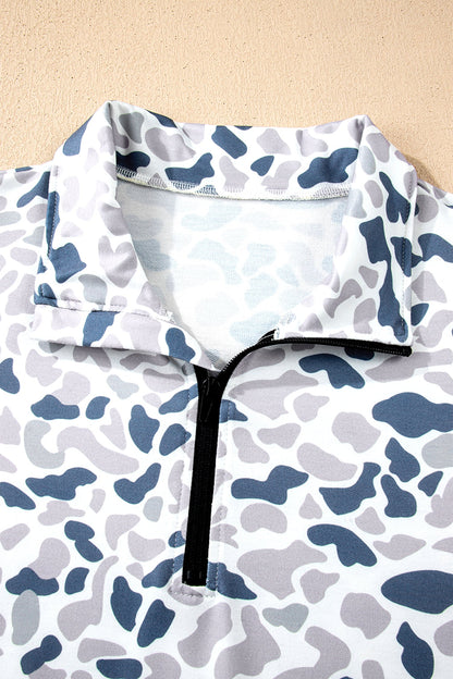 Plus Size Camo Quarter Zip Kangaroo Pocket Sweatshirt