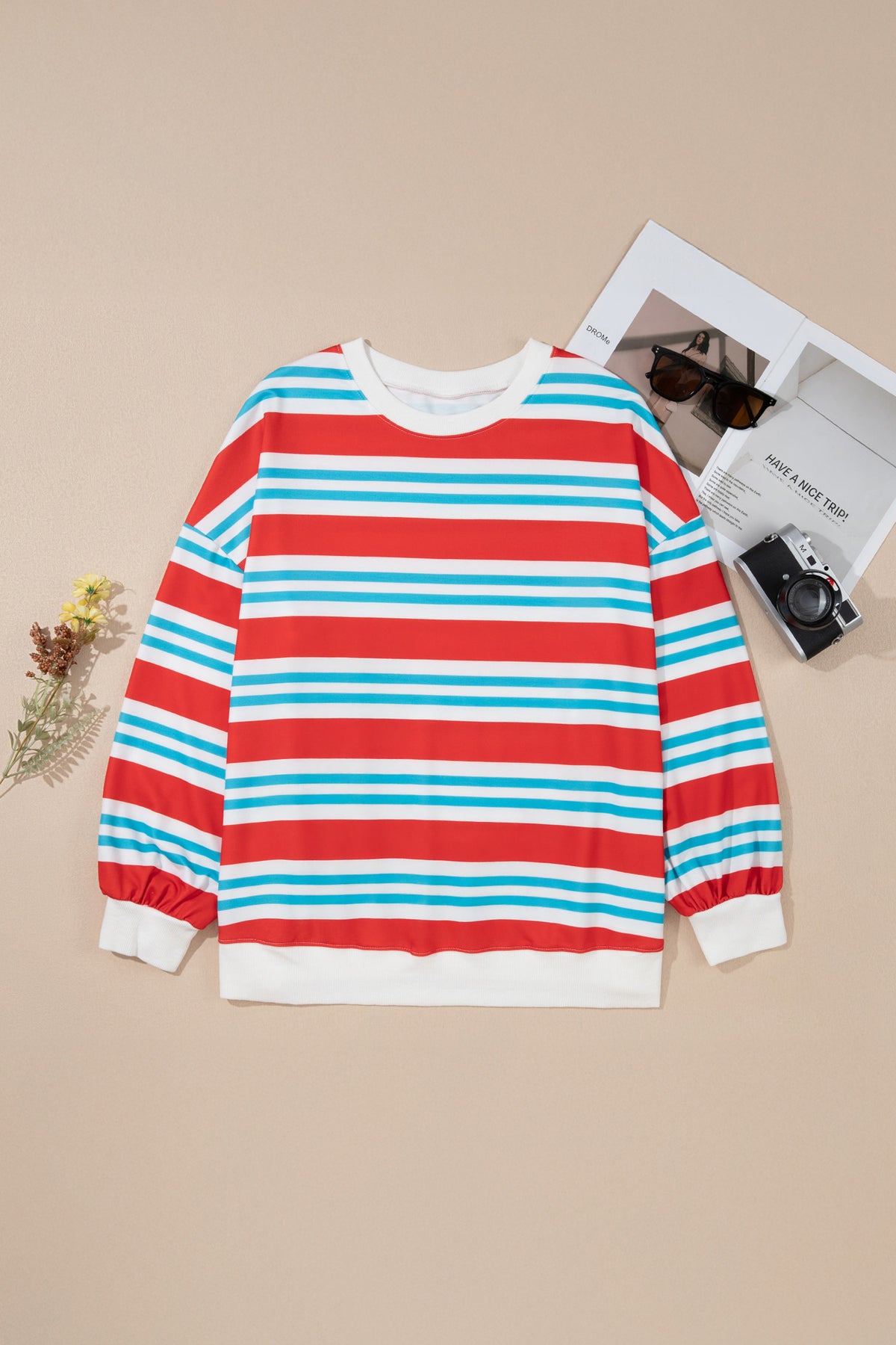 Red Stripe Striped Colorblock Long Sleeve Round Neck Tunic Plus Size Sweatshirt