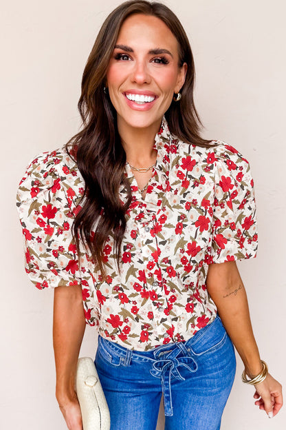 Floral Puff-Sleeve Button-Up Shirt