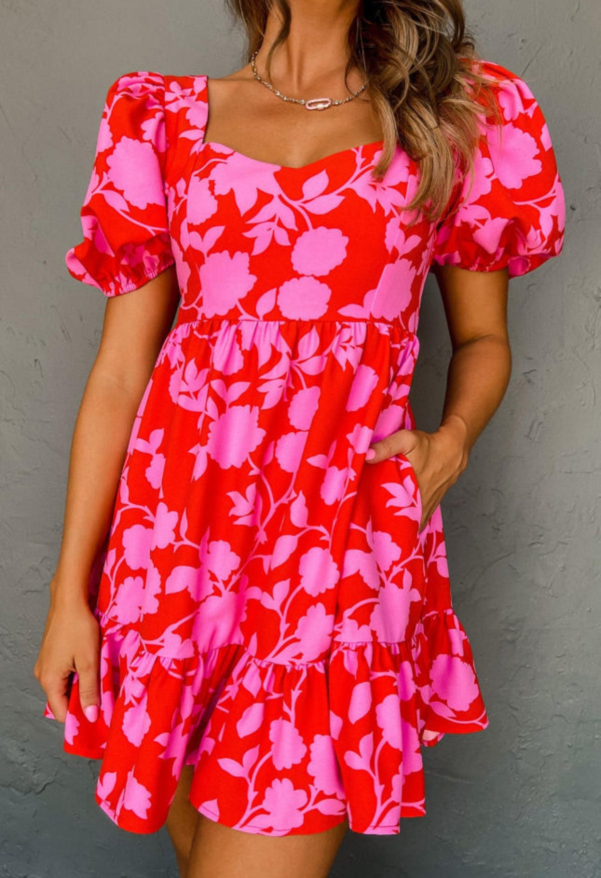 Red Floral Ruffled Mini Dress