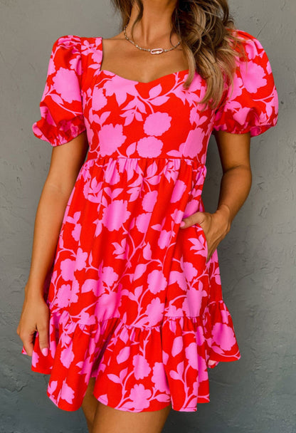 Red Floral Ruffled Mini Dress