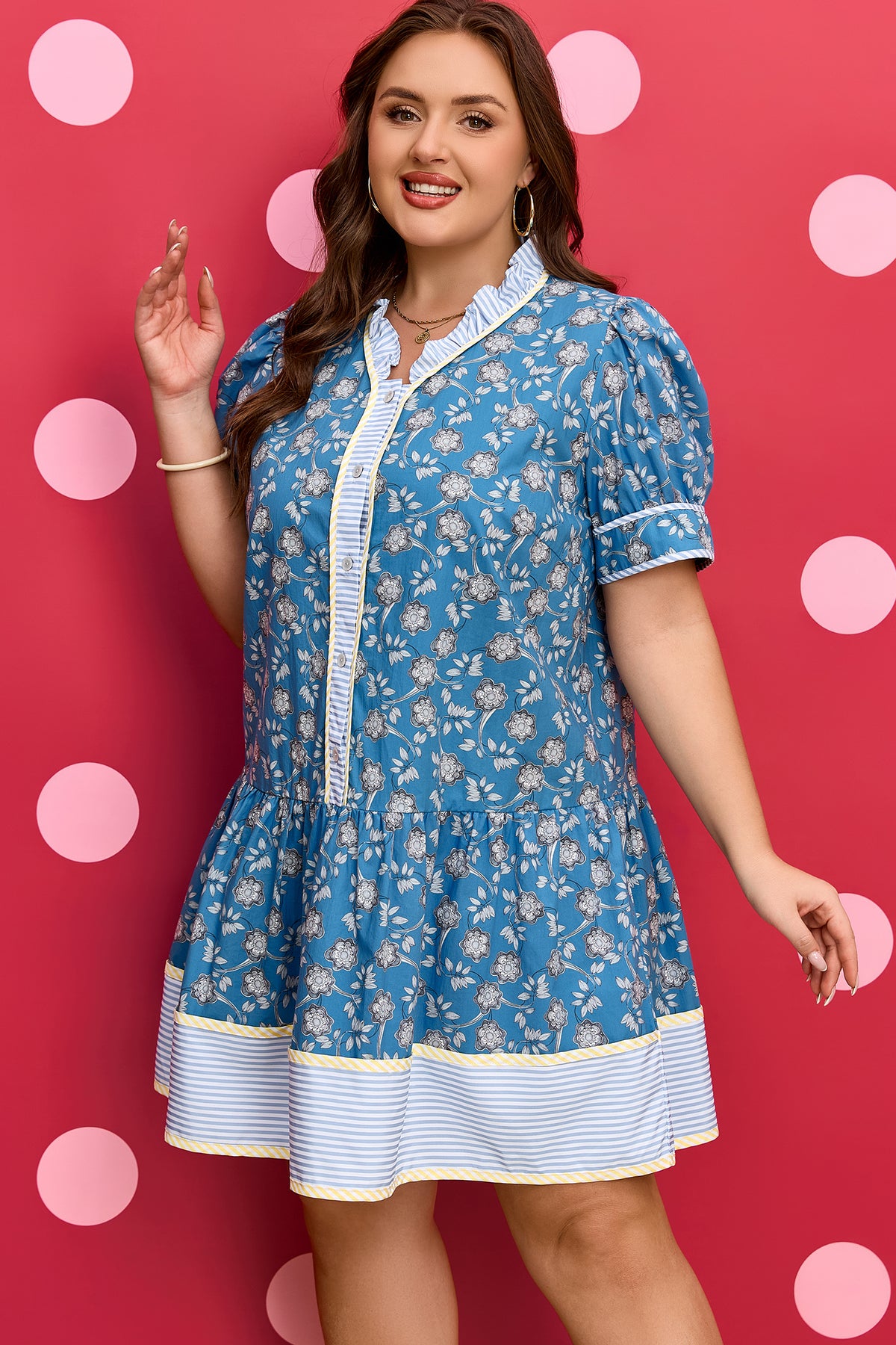 Blue Floral Stripe Ruffle Dress