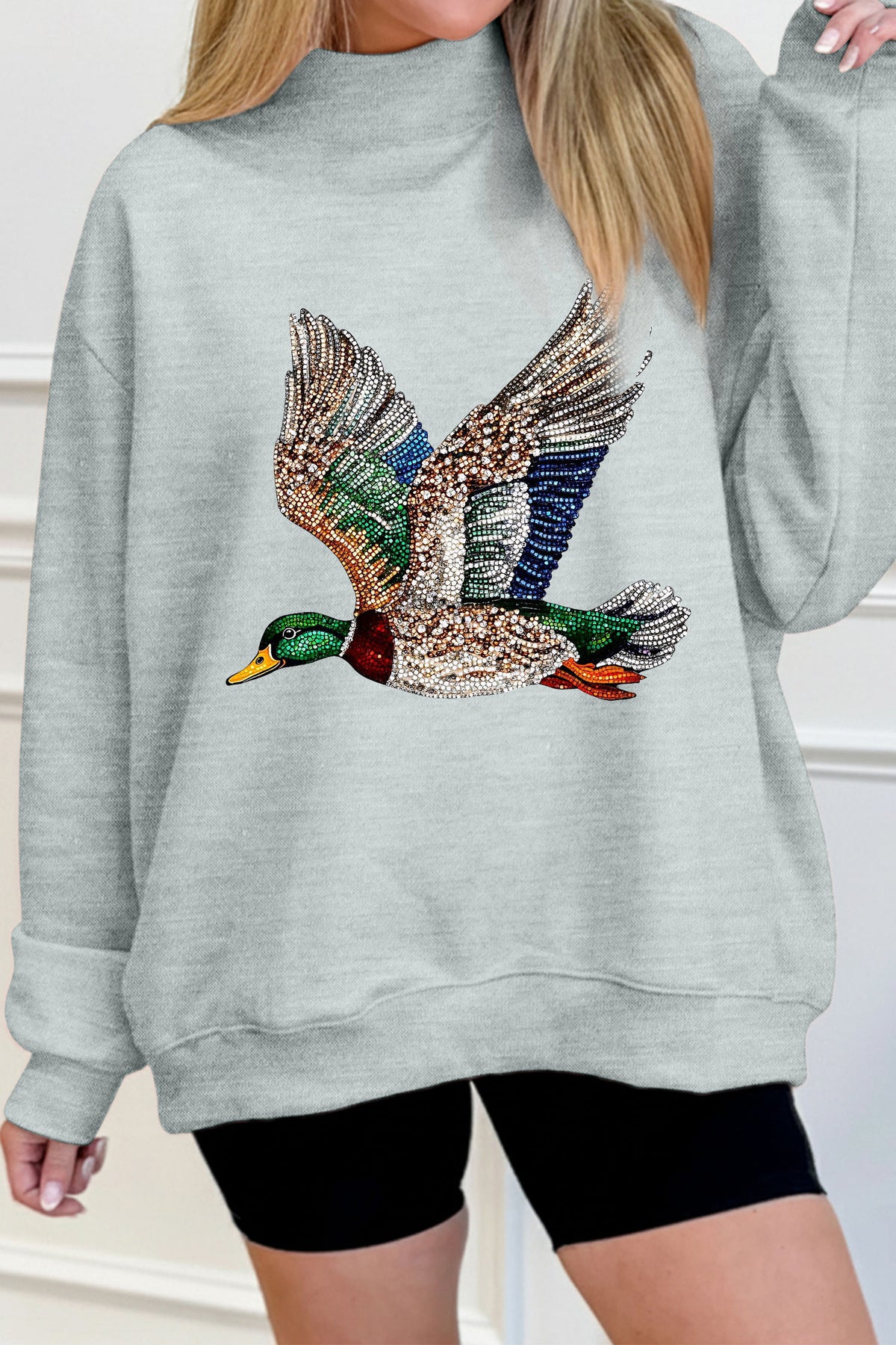 Gray Western Style Mallard Duck Printed Graphic Baggy Mock Neck Sweatshirt