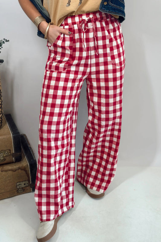 Gingham Plaid Tie-Waist Pants