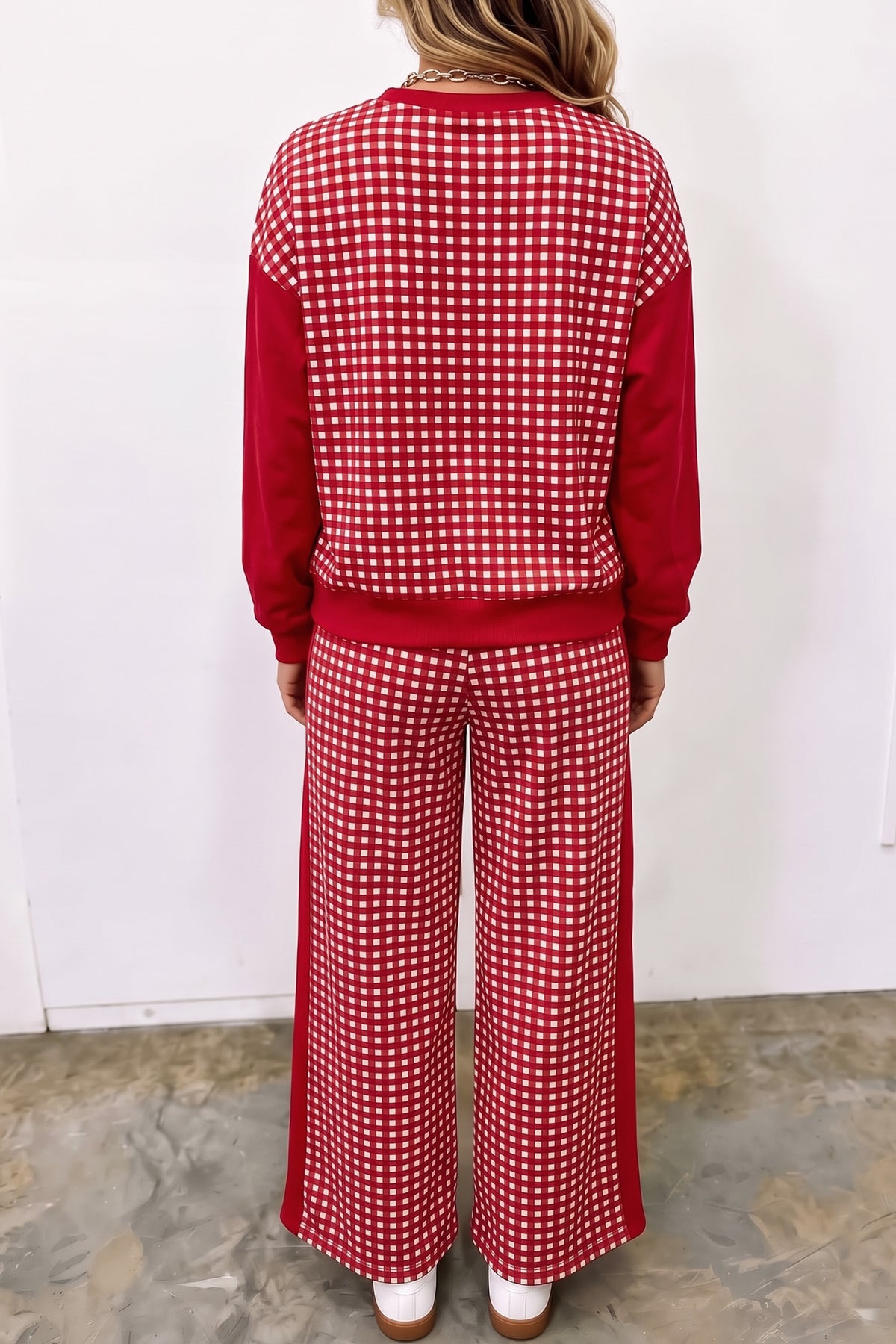 Red Color Block Plaid Patchwork Long Sleeve Pullover Wide Leg Pant Set