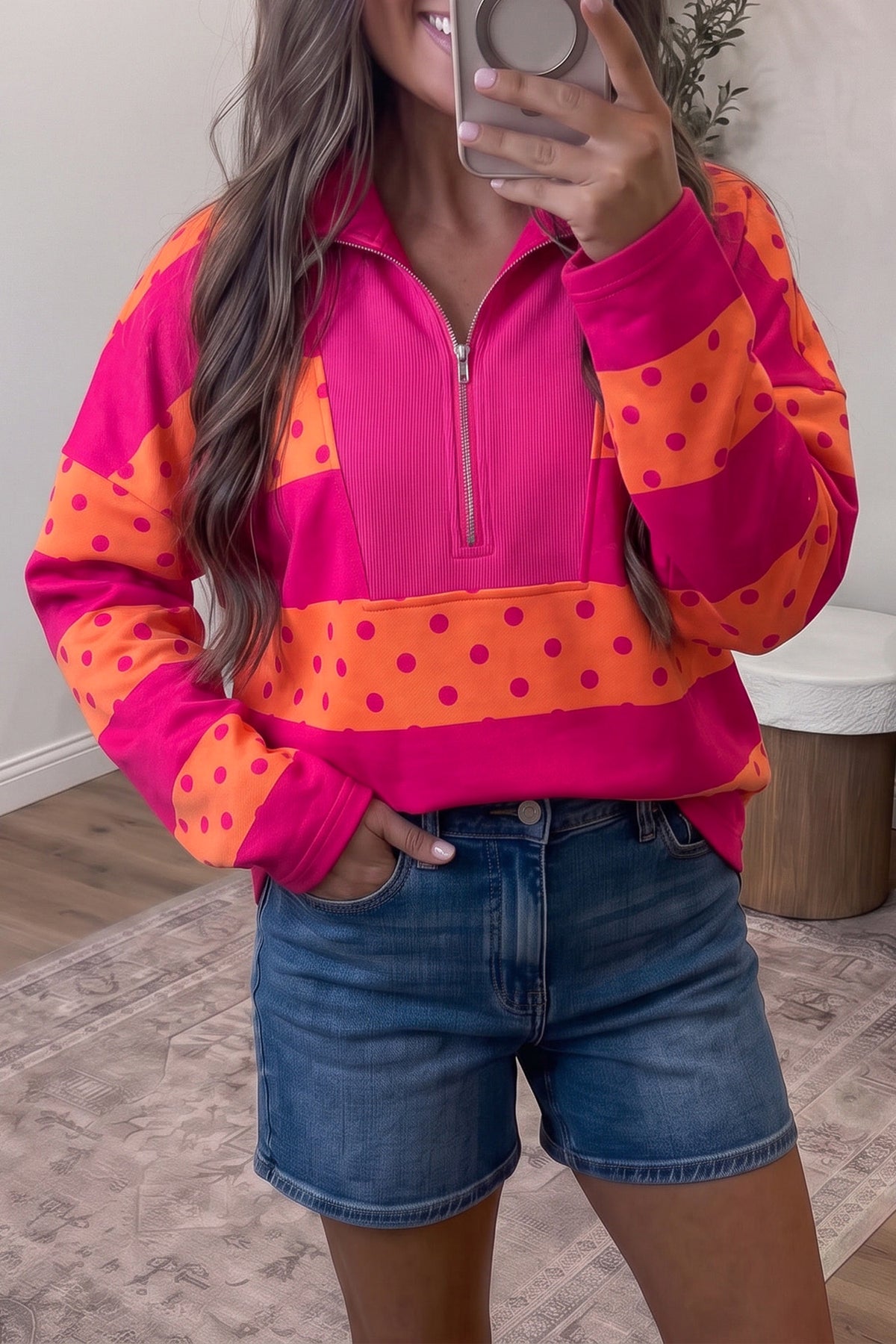 Stripe & Polka Dot Quarter-Zip Top